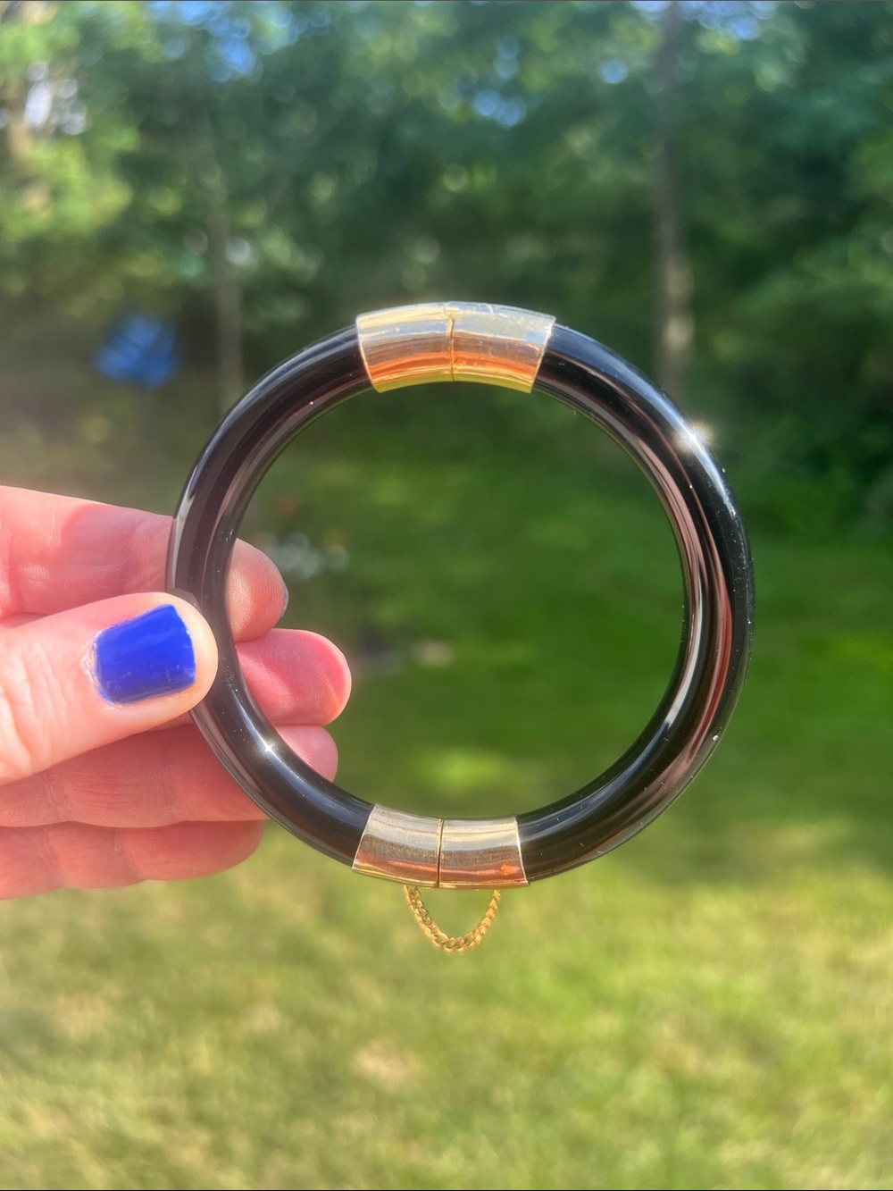 Vintage Black Peking Glass Gold Plated Hinged Bangle Bracelet